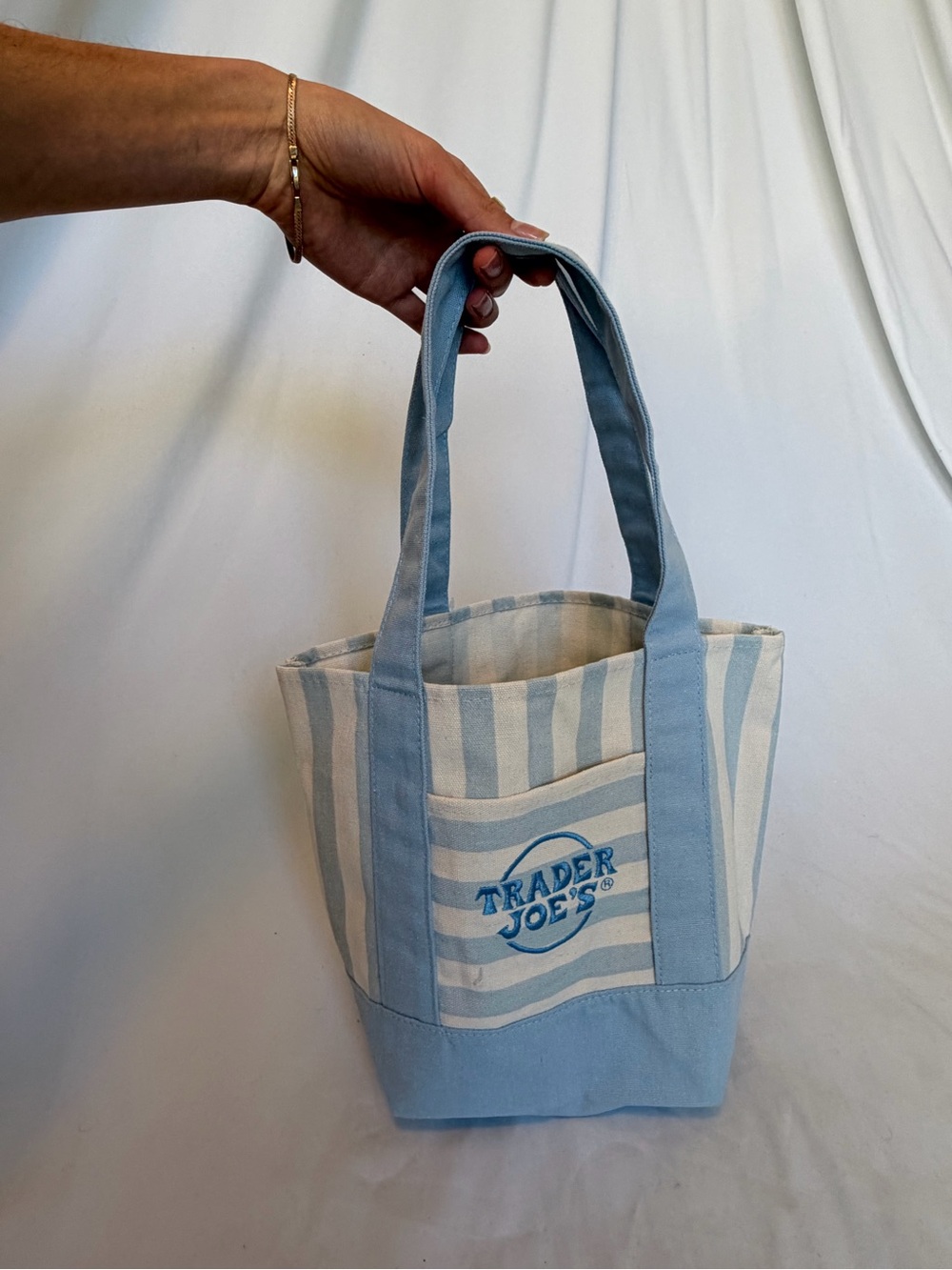 VIRAL 2026 Trader Joe's Light Blue and Cream Striped Canvas Tote - Picture 3 of 4